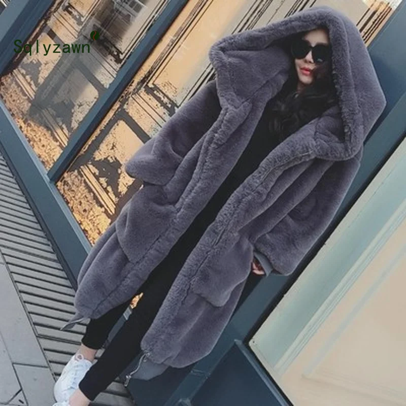 

Winter Women High Quality Faux Rabbit Fur Hooded Coat Luxury X-Long Fur Coat Loose Lapel Overcoat Thick Warm Female Plush Coats