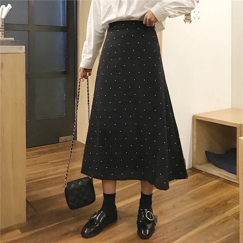 

INS Super Fire Skirt Spring Clothing Women's 2019 New Style Korean-style Elegant Polka Dot A- line Medium-length Dress High-wais
