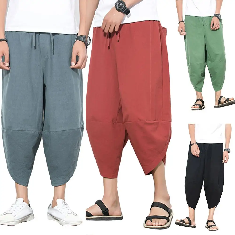 

Men Summer Casual Plus Size Solid Color Cropped Harem Pants Wide Leg Trousers