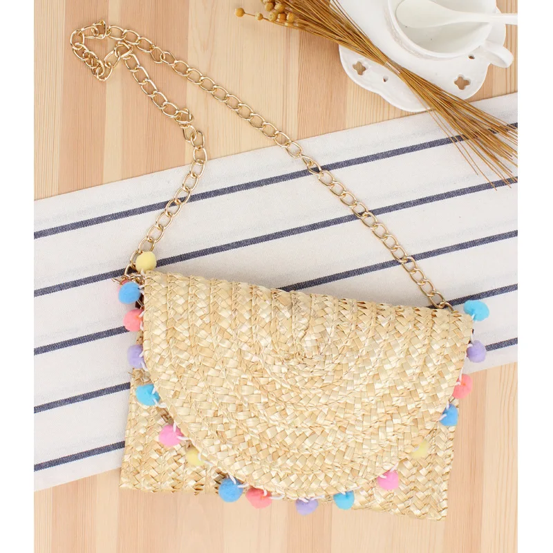 

BagsNew Japanese Three-dimensional Hand Embroidered Cherry Straw Bag Straw Woven Beach Shoulder Bag Colorful Ball Hand Women Bag