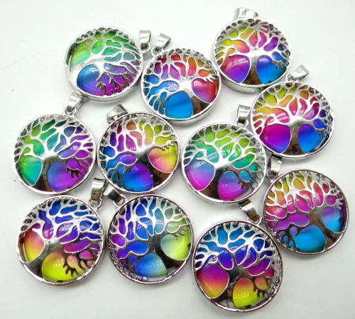 Natural Stone Quartz Crystal Turquoises tiger eye Tree of Life Round Shaped charm pendant  for diy Jewelry making necklace10pcs