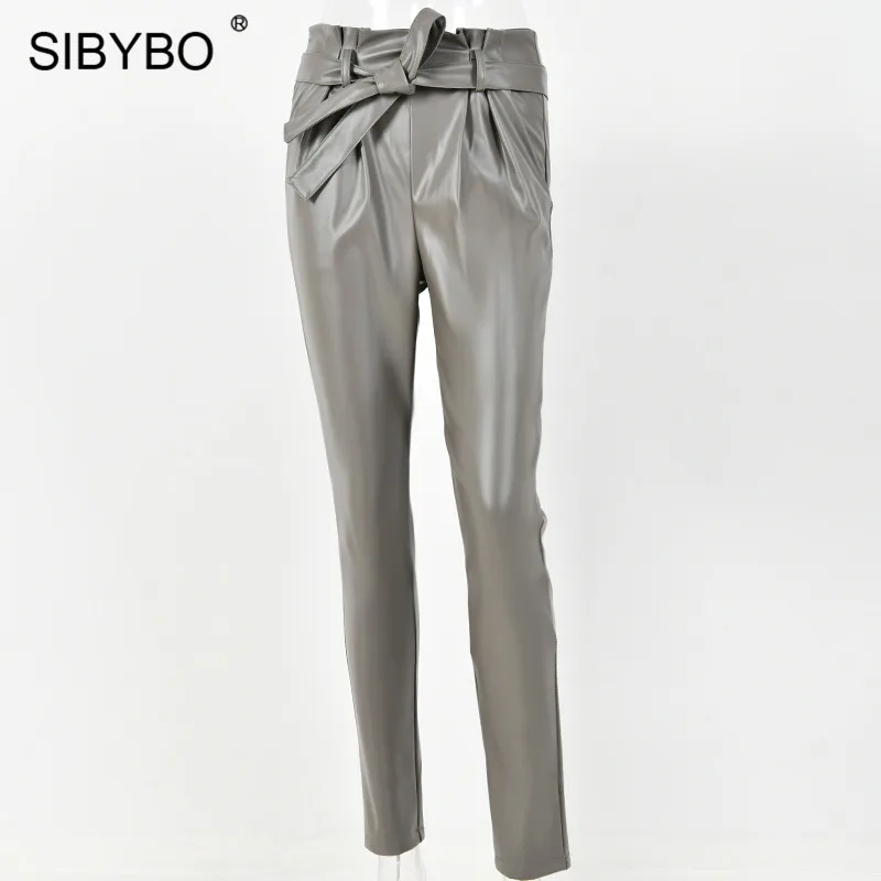 As Shown Sibybo/повседневные женские брюки с высокой талией из искусственной кожи; осенние модные узкие брюки на завязках; женские уличные брюки с карманами - Цвет: As Shown