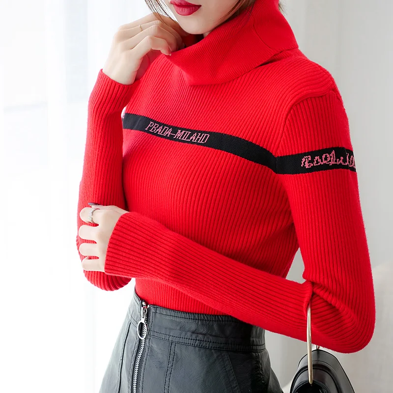 H han queen Turtleneck Sweater Women Fashion Autumn Winter Letter Tops Women Knitted Pullovers Long Sleeve Jumper Femme Clothing - Color: red