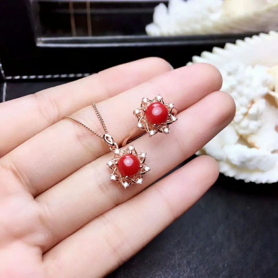 

MeiBaPJ Natural Red Coral Flower Jewelry Set 925 Pure Silver Ring Pendant Necklace 2 Suits Fine Wedding Jewelry for Women