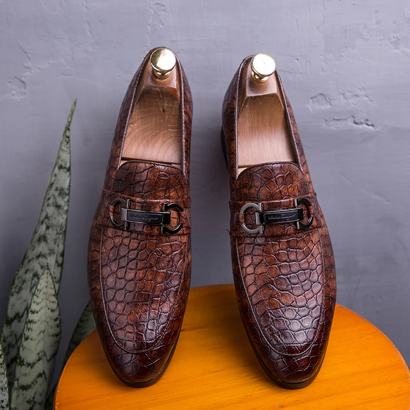 Деловая обувь; мужские туфли итальянского дизайнера; модельные туфли со змеиным узором; вечерние свадебные туфли оксфорды для мужчин; цвет коричневый, красный, черный - Цвет: Brown