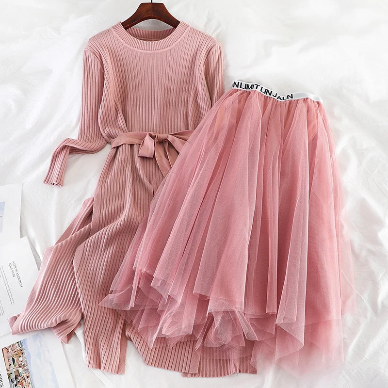 Women Dress 2 шт. женское осеннее Плиссированное Бандажное платье с длинными рукавами и оборками, трикотажное платье с бантом, винтажное тонкое Сетчатое Тюлевое платье-пуловер миди - Цвет: Women Dress