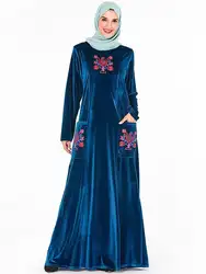 Винтажное бархатное Макси-платье abaya в Дубае, женское мусульманское платье с длинным рукавом, платье с вышивкой, кафтан, джилбаб, турецкое