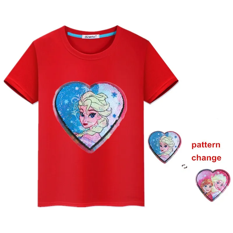 Детская футболка принцессы; футболка для девочек; летние хлопковые футболки с блестками для подростков с изображением Эльзы; детская одежда; одежда с короткими рукавами - Цвет: as picture
