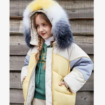

Winter fashion children down coats thicker warm Windproof hooded outerwear Rainbow stitching Girls parka kids down jackets Y2368