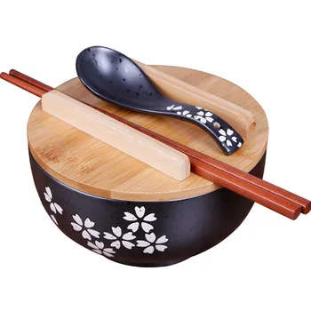 

Japanese cuisine tableware sakura soup ramen noodle bowl box Korean vintage black ceramic bowl with a spoon and chopsticks cover