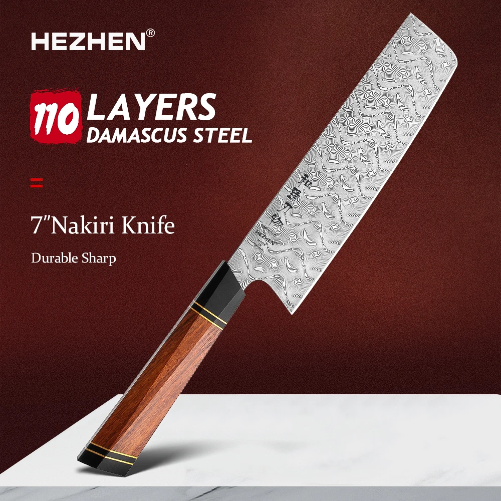 

HEZHEN 182 мм ножи накири 2,4-слойная Дамасская супер сталь 7 дюймов Высокое качество Северная Америка пустыня железная ручка кусочек мяса для