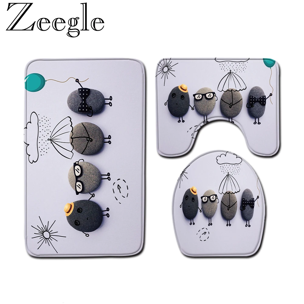 3PCS Cartoon Bath Mat Toilet Seat Cover Set Absorbent Non-Slip Bathroom Rug Bath Mat Set Shower Room Bathroom Flannel Floor Mats