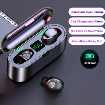 

F9 Bluetooth Earphone 5.0 TWS Mini Wireless Earbuds Power Display Earphone with LED Charging Box Sports Power Bank
