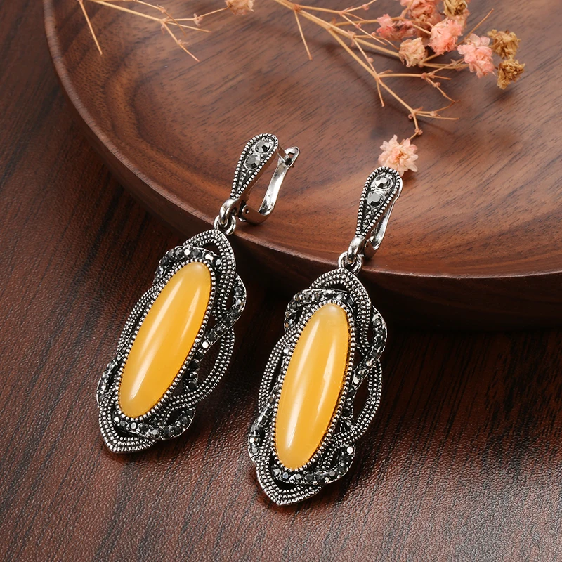 Women Earring Ring Sets Boho Yellow Stone Tibetan Silver AAA Gray Crystal Big Oval Vintage Jewelry earring ring sets