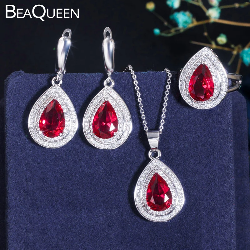 

BeaQueen 3pcs CZ Crystal Jewellery Accessories Big Teardrop Rose Red Cubic Zirconia Anniversary Jewelry Sets for Women JS052