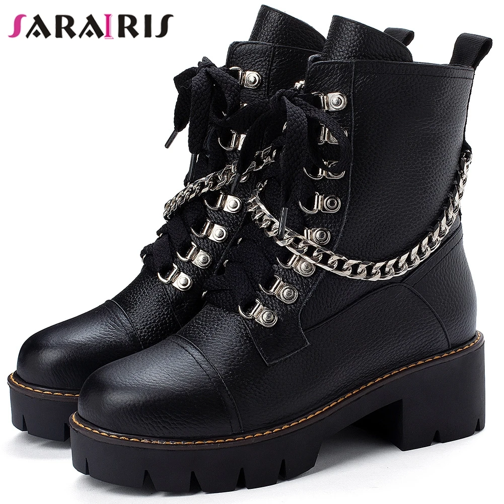 

SARAIRIS New 34-43 women's Black Booties Ladies Genuine Leather Platform Boots Women 2019 Girl Cool Decorating Shoes Woman