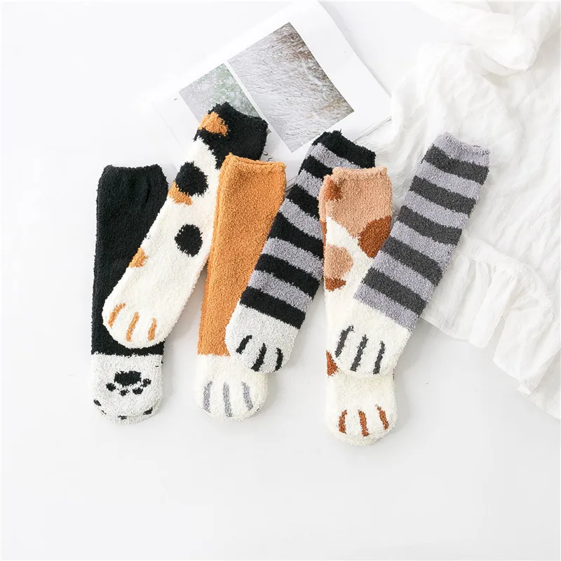 ZHIMO/новые зимние теплые носки с кошачьими лапами для женщин и девочек; носки для сна; домашние носки-тапочки; толстые носки