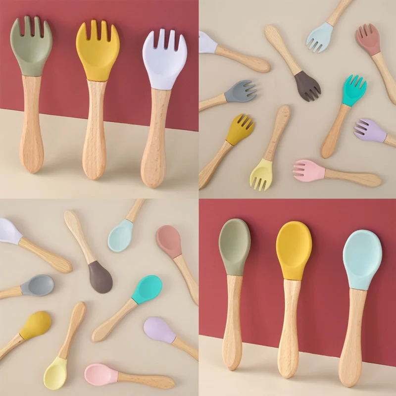 2pcs Kids Soft Silicone Feeding Solid Food Wooden Handle Spoon Fork Food Grade Baby Health Children's Tableware 3