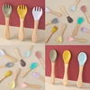 2pcs Kids Soft Silicone Feeding Solid Food Wooden Handle Spoon Fork Food Grade Baby Health Children's Tableware 3