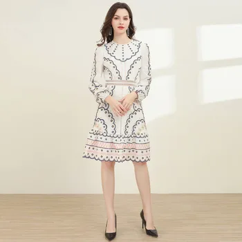

New 2020 women fashion embroidery dress brand designer long sleeve hollow out lace inset knee length cute dresses white
