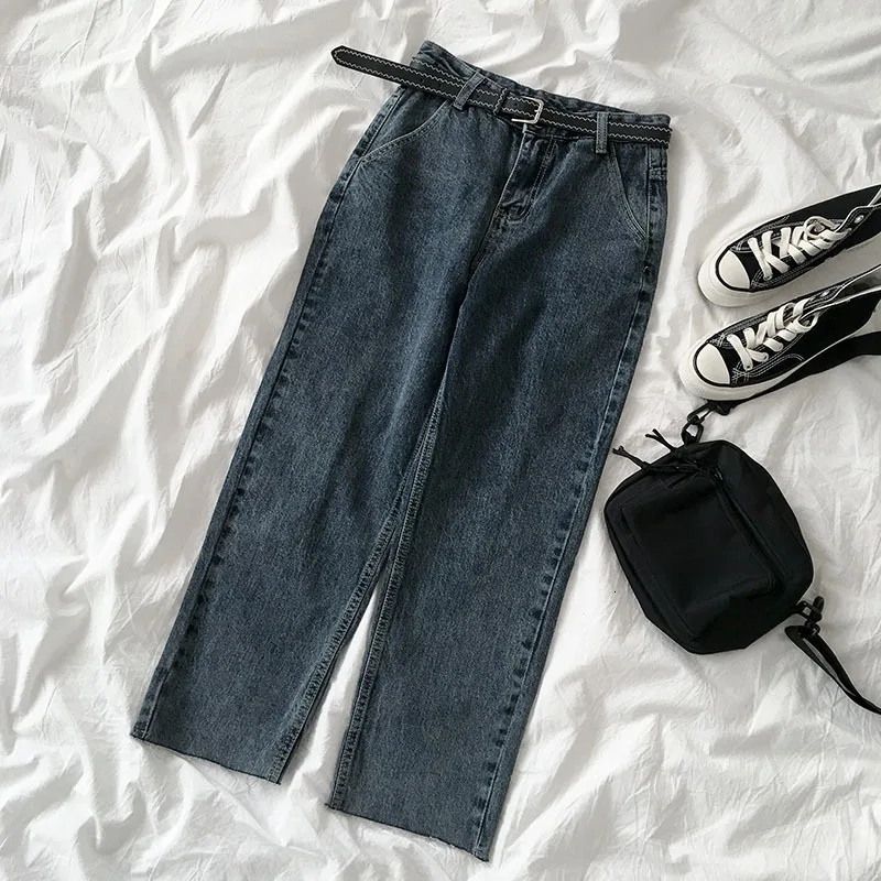Winter Spring High Waist Jeans Women Straight Fashion Casual Loose Trousers With Belt Female Blue Korean Long Pant Bottoms - Color: blue grey