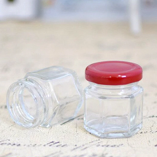 X22 Hatszögletű Mini Üveg Mézes Edény 45 Ml Kapacitás 1,5Oz Üvegedény Fém Borítóval Mézesüvegek Esküvői Buli Ajándékokhoz - Image 3