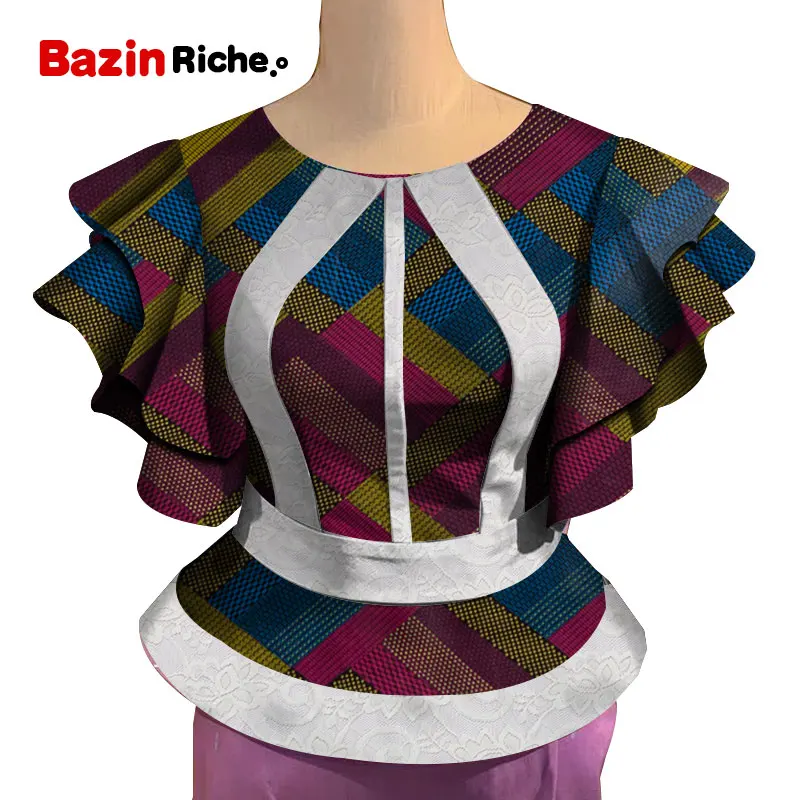 Африканская одежда для женщин с оборками и рукавами с высокой талией Анкара принт плюс размер Леди Мода Топ Африканский Дашики печати Блузка WY5090