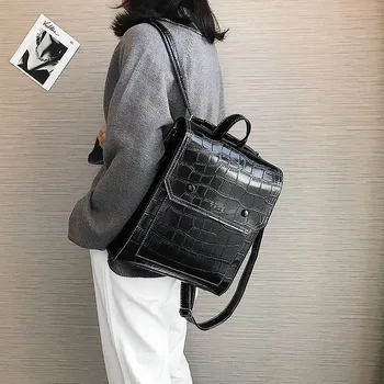 

Vintage Pu Leather Women Backpack Style Backpacks Fashion School Bag for College Girl Stone Shoulder Bag Black