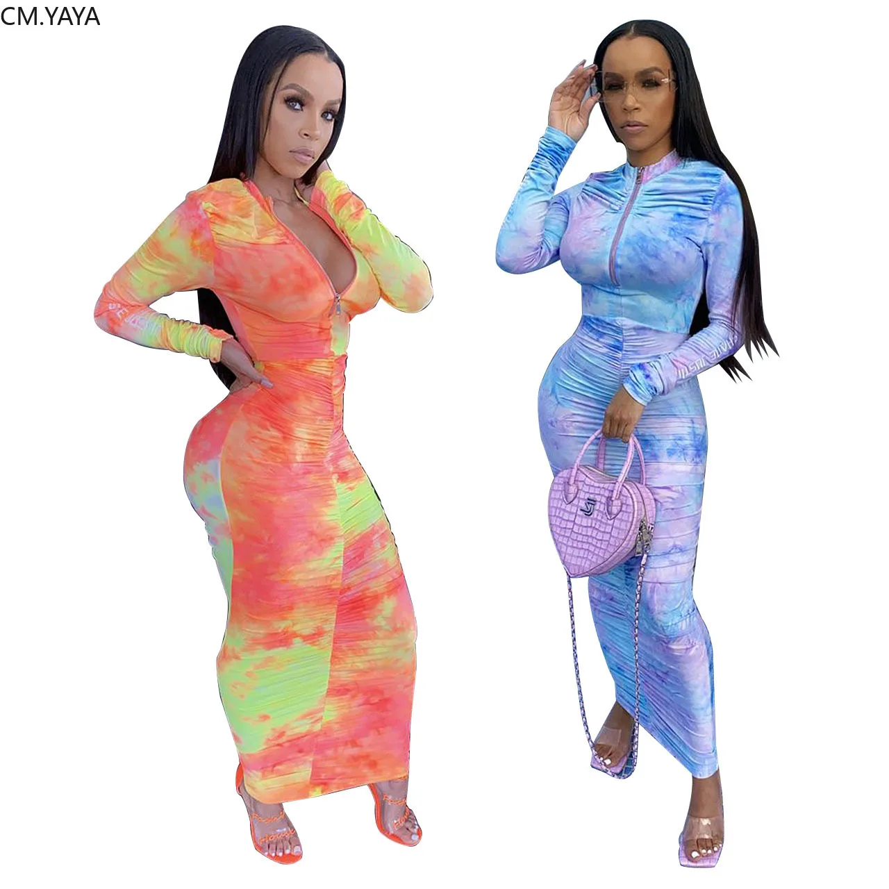 Осеннее женское платье-макси CM.YAYA с принтом в стиле Tie Dye длинным рукавом на молнии