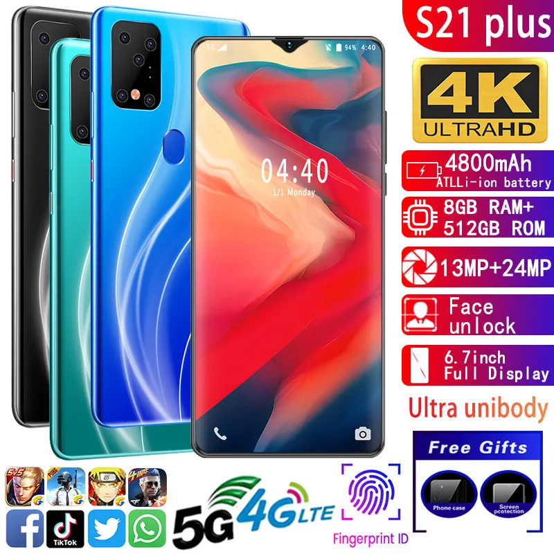 

Mobile phone S21 Plus phones MTK6799 Deca core 6.7inch HD Smartphone 1440*3040 Unlocked smartphone 8GB+512GB Camera 13MP+24MP