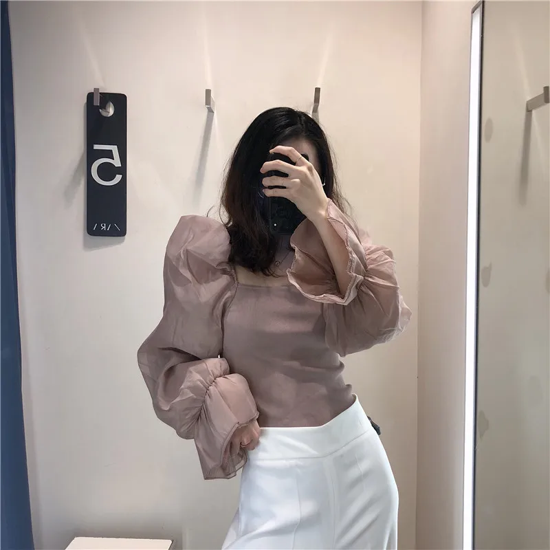 

Spring and summer new street stitching see-through gauze puff sleeves women, Sexy slim thin long-sleeved pullover women