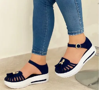 Sandalias de plataforma con punta redonda para mujer, zapatos planos de playa con correa de hebilla hueca, Sandalias de gladiador de verano