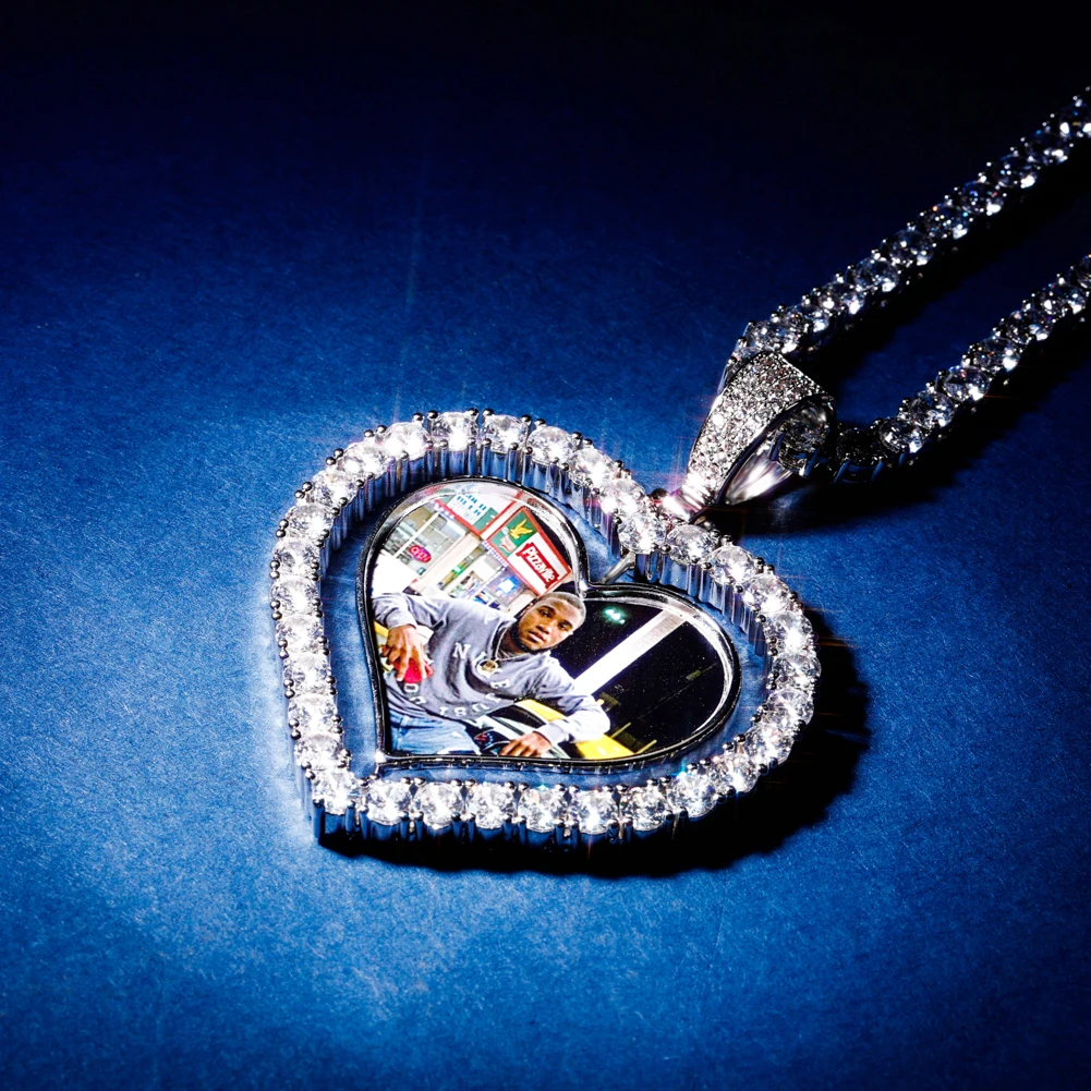 TOPGRILLZ Heart Shaped Custom Photo Spin Double Sided Medallion Pendant Necklace With 4mm Tennis Chain Zircon Hip Hop Jewelry