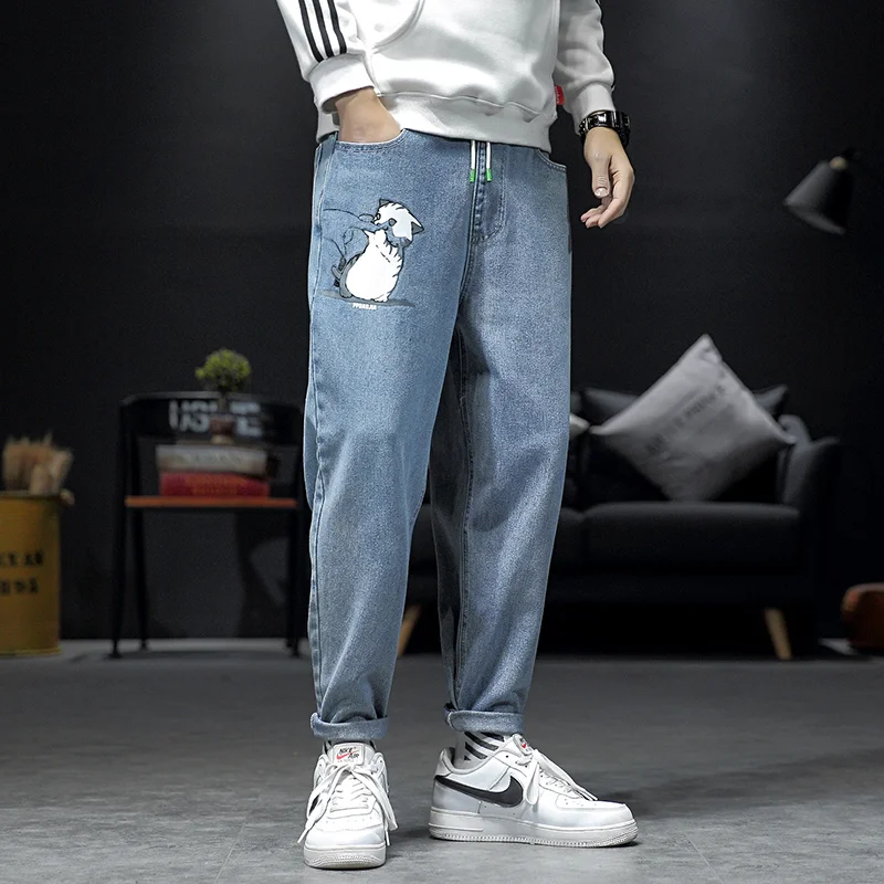 

2020 new autumn men print jeans men's casual loose ankle-length pants straight style wide leg men's jeans man pants