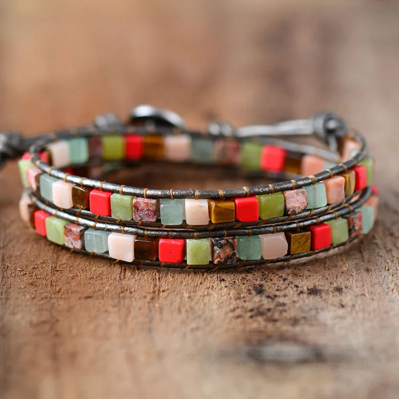 Leather Bracelets Mix Square Natural Stones 2 Strands Leather Wrap Bracelets Vintage Weaving Boho Bracelet Dropshipping