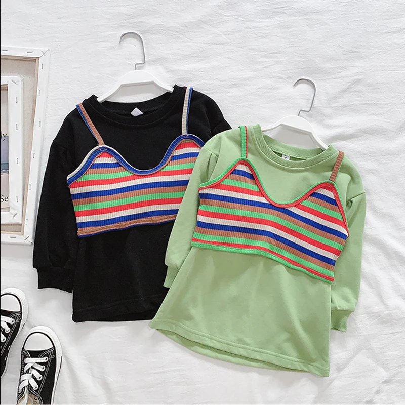 Весенне-осенний свитер для девочек длинная футболка для малышей Топы для детей, Детская уличная одежда жилет в радужную полоску на бретелях для детей от 2 до 7 лет