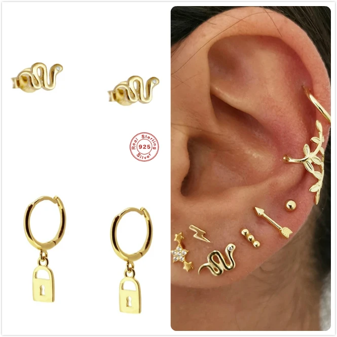 Настоящие 925 серебряные серьги для женщин с золотым замком, серьги в виде змеи, готический хрящевой пирсинг для уха, женские серьги в стиле панк aretes R5