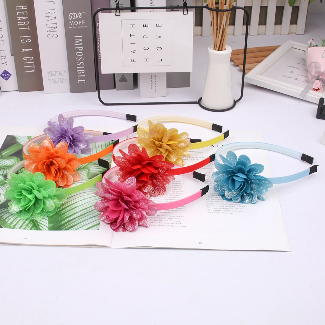 XIMA 12 шт./лот Детские аксессуары для волос 3''Laser Hair Flower Hairband Принцесса Вечерние обручи для волос девушки держатели головных уборов