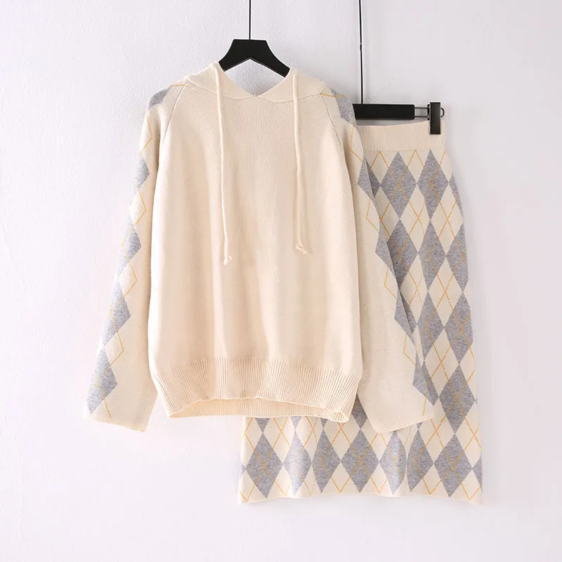 HF1927 Beige H. SA женский свитер и пуловеры Повседневный свитер с капюшоном из двух частей пуловер и юбка наборы вязаный костюм Geomertric Повседневная Верхняя одежда - Цвет: HF1927 Beige