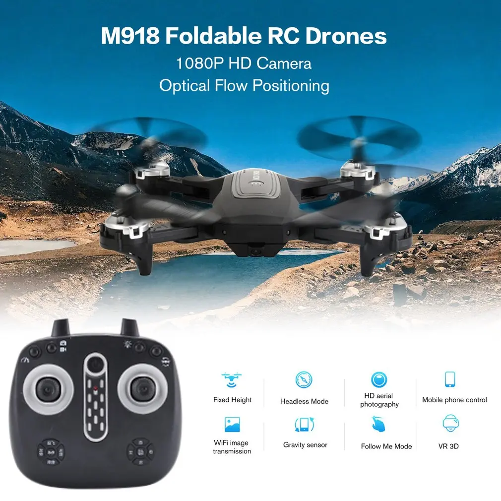 

M918 2.4GHZ 100m 15mins Foldable Optical Flow Positioning RC Drones 1080P HD Camera GPS WIFI FPV Four-Axis Airplane with Light