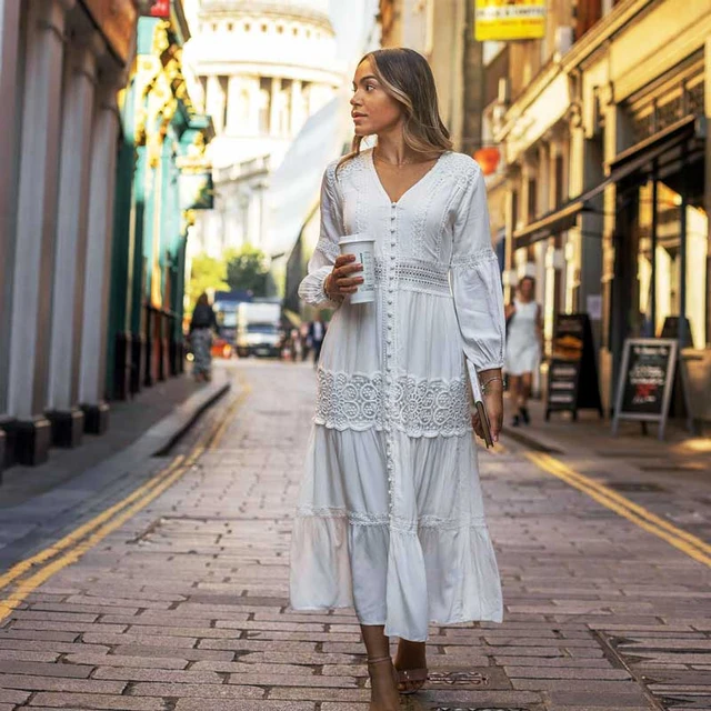 Super Chic Button Down Crochet Embroidered Boho Maxi Dress In Long Sleeve White Ladies Dress New Cotton Dress Women - Dresses - AliExpress