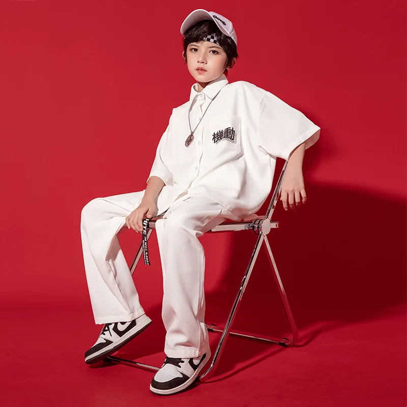 Kid Kpop Hip Hop Clothing White Oversized Shirt Top Short Sleeve Loose Streetwear Baggy Pants for Girl Boy Dance Costume Clothes