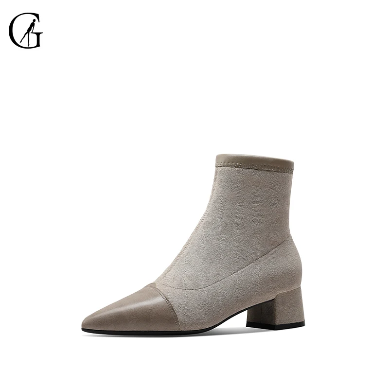 

GOXEOU Women's Ankle Sock Boots Splice Pointed Toe Chunky Heel Fashion Flock Autumn Winter Plus Velvet Warm Booties Size 34-40