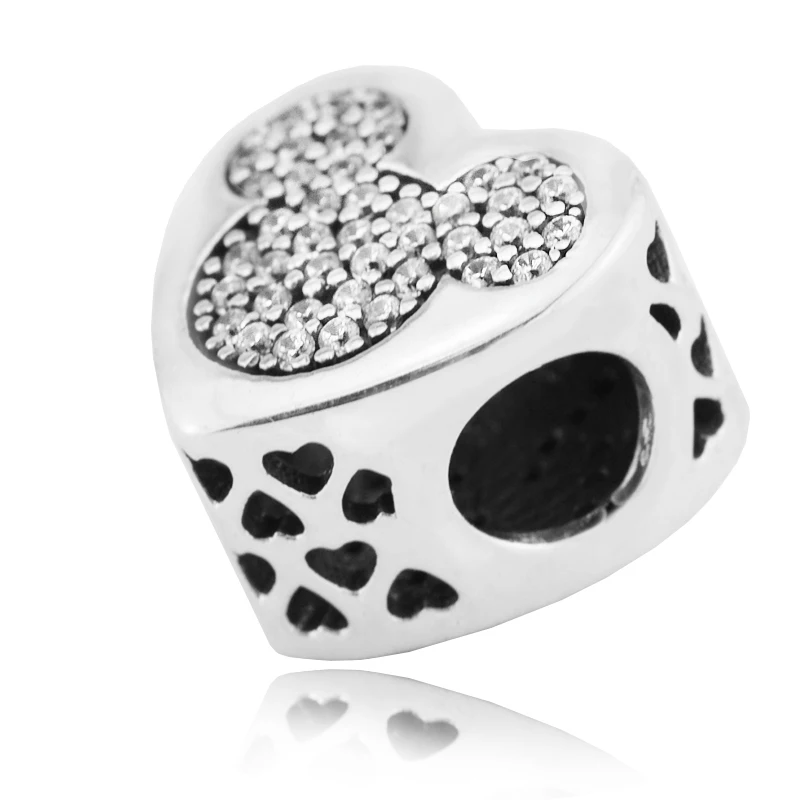 QANDOCCI Подходит для Pandora Браслеты мышь настоящая любовь подвески с прозрачным кубическим цирконием стерлингового серебра бусины