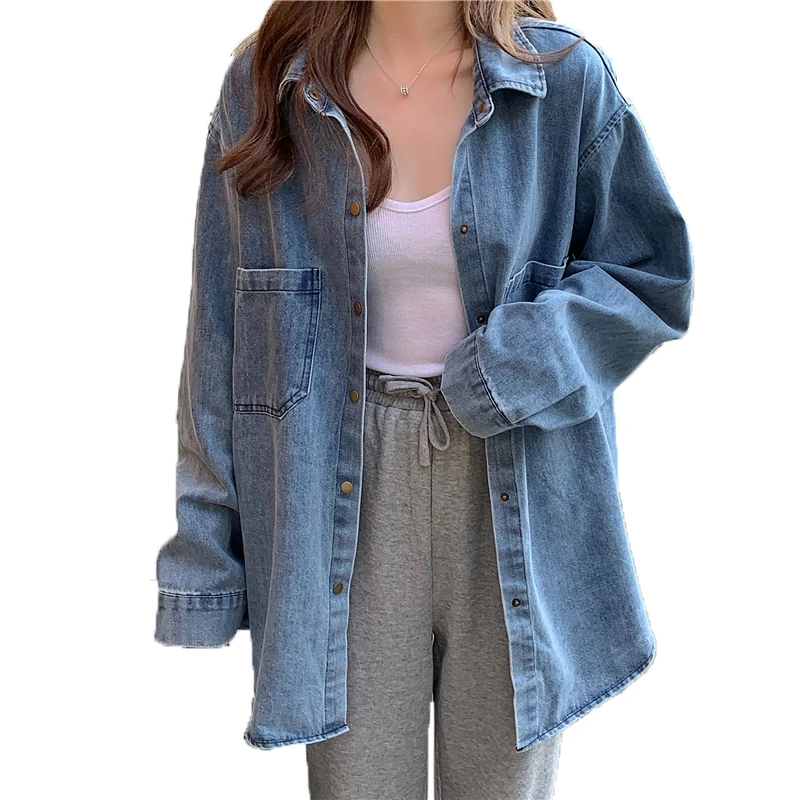 

Spring Autumn Women Blue Jean Jacket Vintage Korean Loose Single Breasted Denim Jacket Casual Long Sleeve Denim Coat