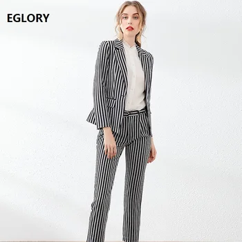 

High Quality Blazer Sets 2020 Spring Suit Women Notched Collar Striped Print Single Button Blazer+Calf Length Pants & Capris Set