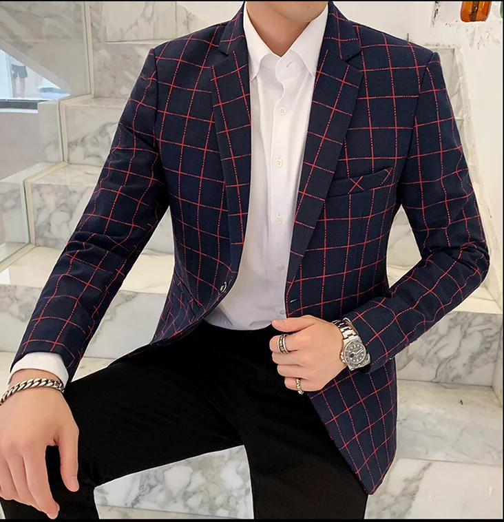 Autumn Winter Men Dress Suit High Quality Slim Fit Men Blazer Jacket Size S M L XL XXL XXXL Business Lattice Blazers Men Jackets - Цвет: Navy blue