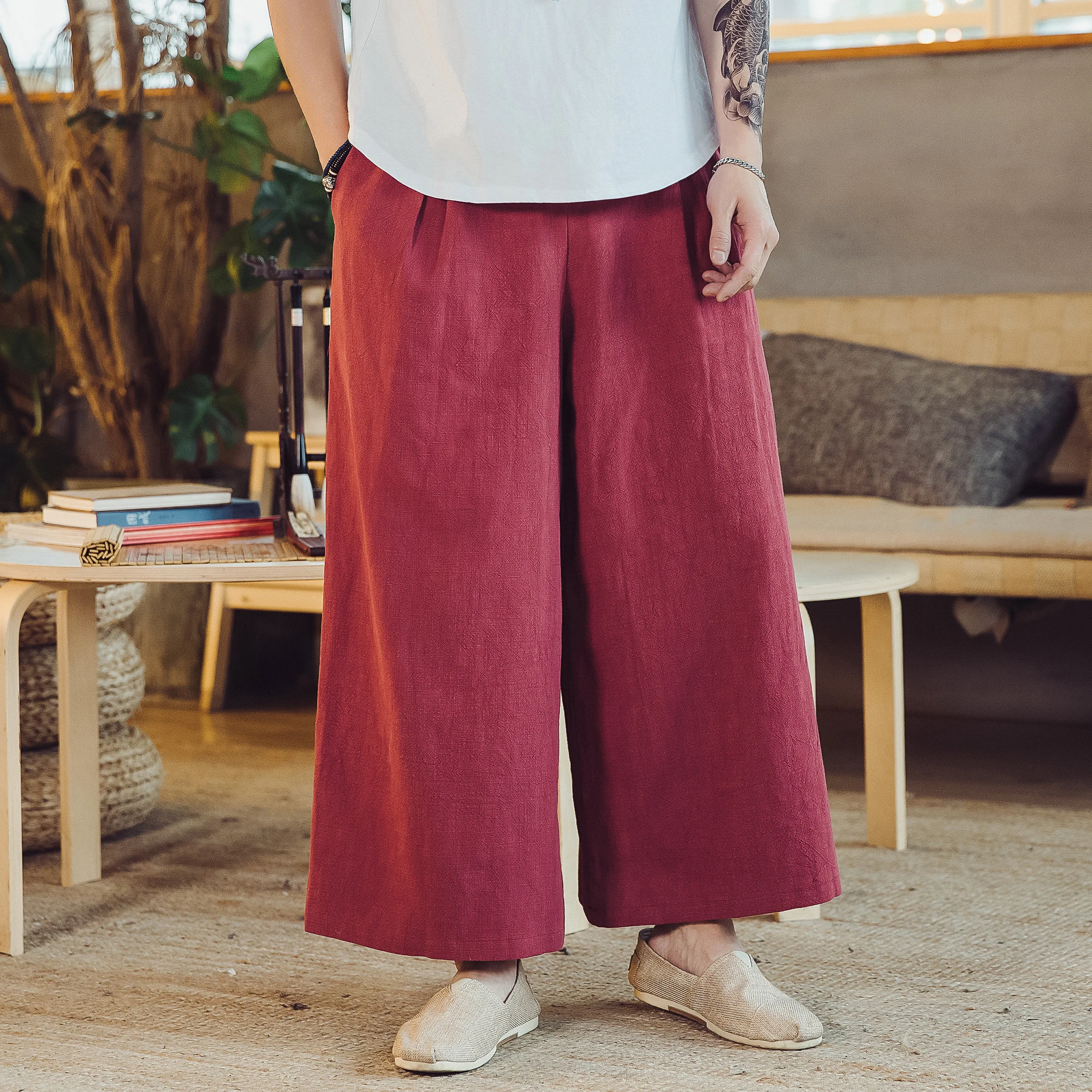 Large Size Cotton Linen Red Wide Leg Trousers Black Blue Loose Wide Leg  Pants Men Monk Clothing Zen East Style Hakama Oriental - Bottoms -  AliExpress
