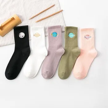 

1Pair Women's Planet Earth Printed Socks Woman Cotton Socks Spring and Autumn Solid Color Socks