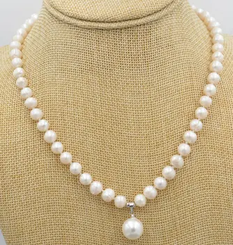 

7-8mm White Freshwater Cultured Pearl & Shell Pearl Pendant Necklace 18"